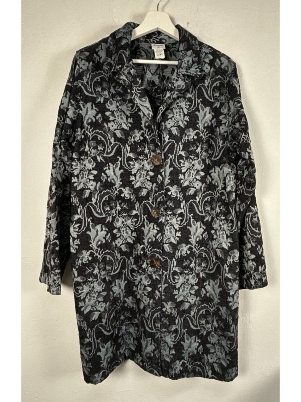 C.M.C Womens Black Gray Jacquard Floral Tapestry Long Blazer Jacket XL Pockets